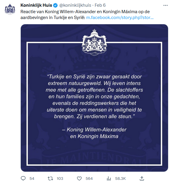 Tweet Koningshuis aardbeving