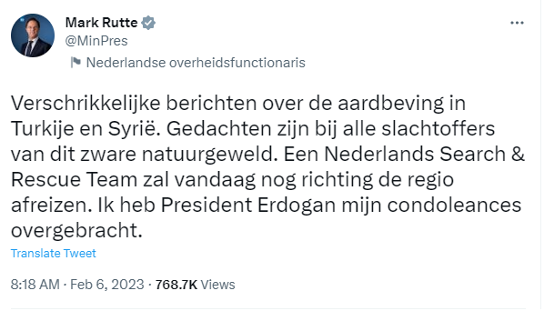 Tweet Rutte aardbeving