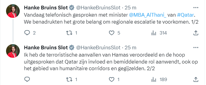 Berichten op social media van minister van Buitenlandse zaken Hanke Bruins Slot.