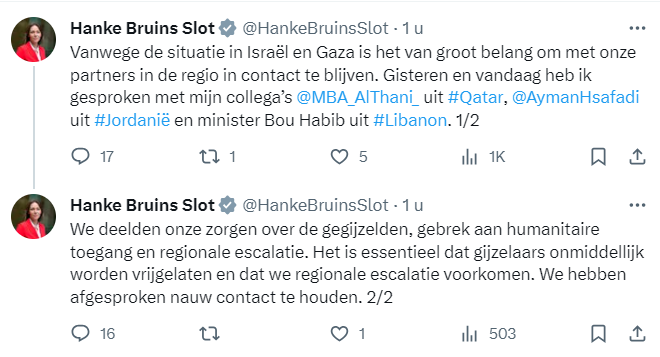 Bericht op X van minister Bruins Slot.