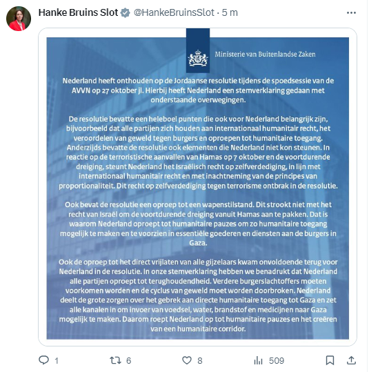 Bericht van minister Bruins Slot over de Jordaanse resolutie tijdens de AVVN-spoedsessie op 27 okt 2023