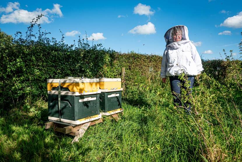 José de Boer op haar erf met 2 bijenkasten