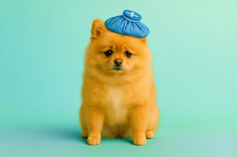 Pomeriaan-hond met kompres op zijn hoofd vanwege hoofdpijn.