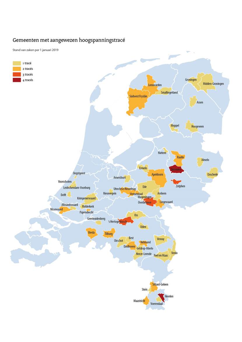 Gemeenten met aangewezen hoogspanningslijnen waarvoor verplaatsing onderzocht kan worden