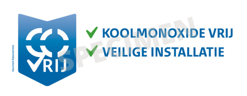 CO vrij met daarbij de tekst: koolmonoxide vrij; veilige installatie