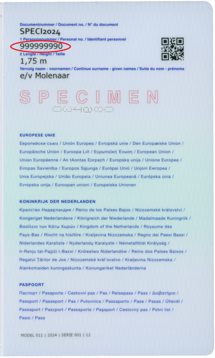 Houderpagina van paspoort, met rode cirkel om bsn-nummer linksbovenaan de pagina