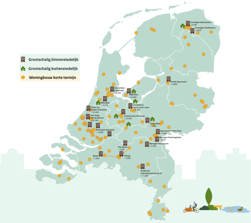 Kaart met daarop alle NOVEX-gebieden waar nieuwe woonwijken gebouwd worden en versnellingsprojecten voor nieuwe of betere infrastructuur.